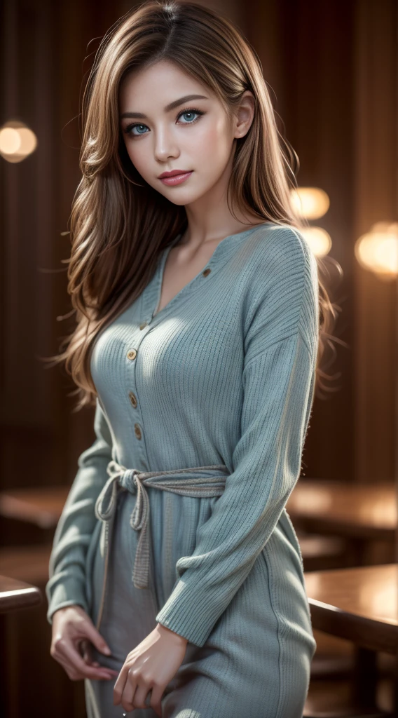 Masterpiece, Best quality, Photorealistic, Ultra-detailed, finedetail, high resolution, 8K wallpaper, 1 beautiful japan woman, Wear casual business attire, In excellent restaurant, At night, Light brown messy hair, Perfect dynamic composition, Beautiful detailed blue eyes