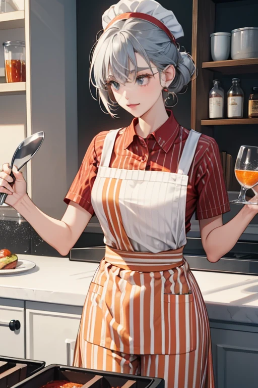she wears a red and light orange vertically striped apron, light blue pants, and a grayish-white chef hat. SPARKLE; GLITTER