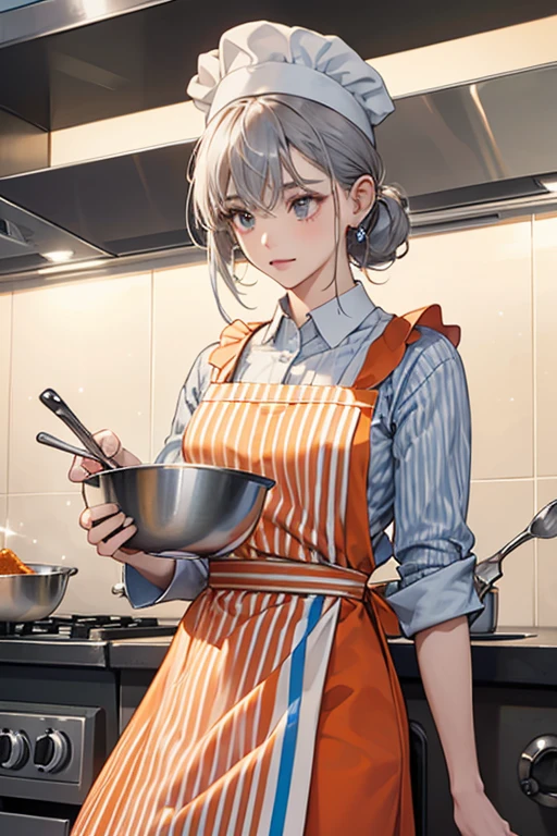 she wears a red and light orange vertically striped apron, light blue pants, and a grayish-white chef hat. SPARKLE; GLITTER