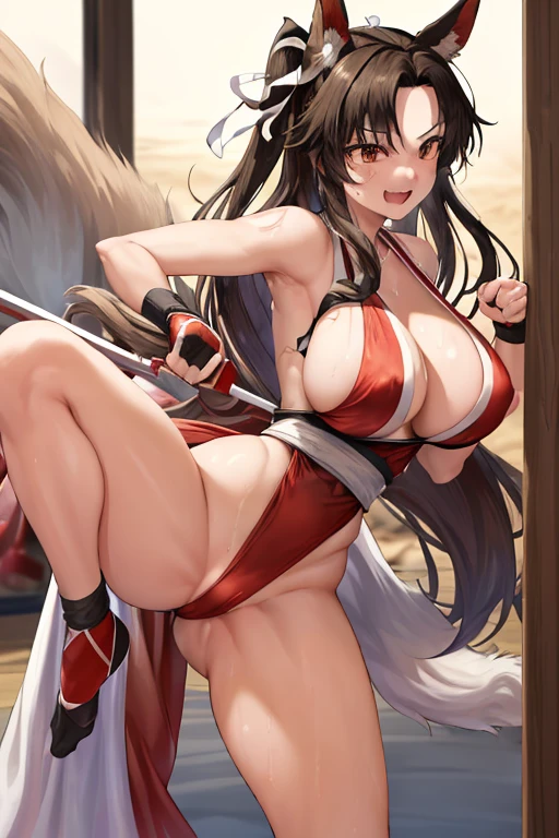 masterpiece, best quality, beautiful art, high resolution, well formed hands, body and fingers, 1 woman, solo, Imaizumi Kagerou, wolf ears and wolf tail, grown up , adult, hair ribbon,big breasted, cleavage, full body, long hair, hair ornament gorgeous legs and thighs, cosplaying as Mai Shiranui , she is fighting in a combat match at a martial arts tournament, she is getting ready to fight, making her guard pose, action and fighting scene, about to hit the viewer, looking at the viewer, sweating , feeling confident and proud, smiling joyfully and happily, charming her opponent with her beauty, bouncing breasts, fighting scene, martial arts tournament on the beach