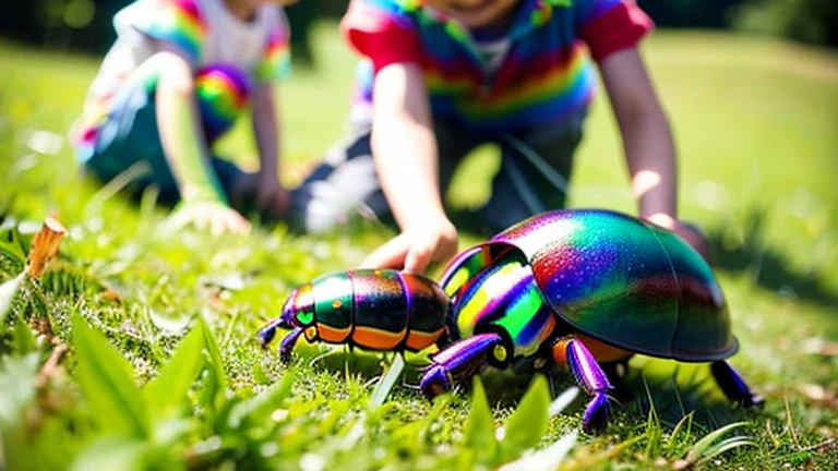 Children playing with beautiful rainbow stag beetles in the grassland、Children playing with colorful rainbow stag beetles in the forest、
