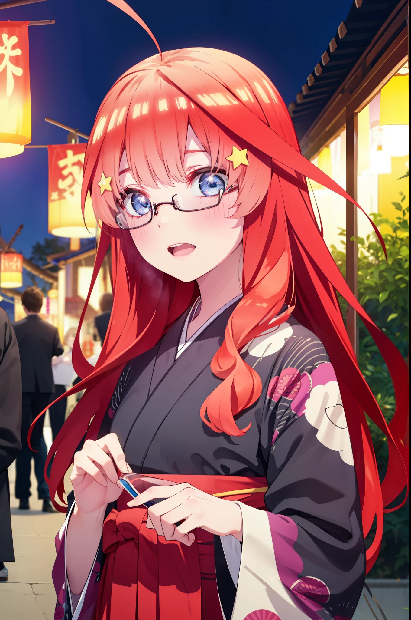 itsukinakano, Itsuki Nakano, bangs, blue eyes, Hair between the eyes, Ahoge, Redhead, star \(symbol\), hair ornaments, star hair ornaments,Akagi Glasses,smile,blush,Happy atmosphere,Open your mouth,Long Hair,Tie your hair back,Aka kimono,Thick sleeves,Red Hakama,Sandals,White tabi,night空の花火,Fireworks display,Japanese Festivals,Summer festival food stalls,Red Lantern,night,イラストにwhole bodyが入るように, night
break outdoors, shrine, break looking at viewer,whole body,
break (masterpiece:1.2), highest quality, High resolution, unity 8k wallpaper, (shape:0.8), (Beautiful and beautiful eyes:1.6), Highly detailed face, Perfect lighting, Extremely detailed CG, (Perfect hands, Perfect Anatomy),