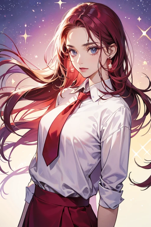 she has red hair and red eyes.
sHe wears a black suit with a white dress shirt and blue necktie. SPARKLE; GLITTER