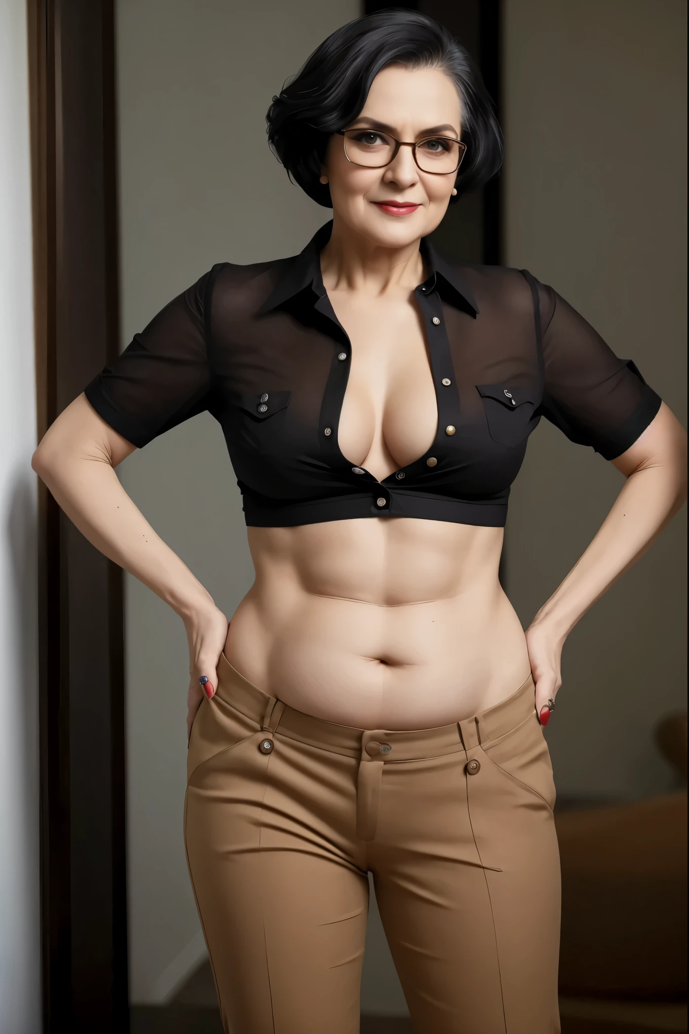 black very shaved hair elderly older mature cheeky spectacled bossy lady in a shirt with white-ivory buttons, beige-ocher overly low-rise pants, fatty body with slightly abs, wearing a sexy cropped top with unglued V-neck, attractive feminine fleshes, 60 years old woman, close up body shot, succinct shirt, wearing a skimpy blouse, alluring fleshy model, ((best quality)), ((masterpiece)), (detailed), perfect face