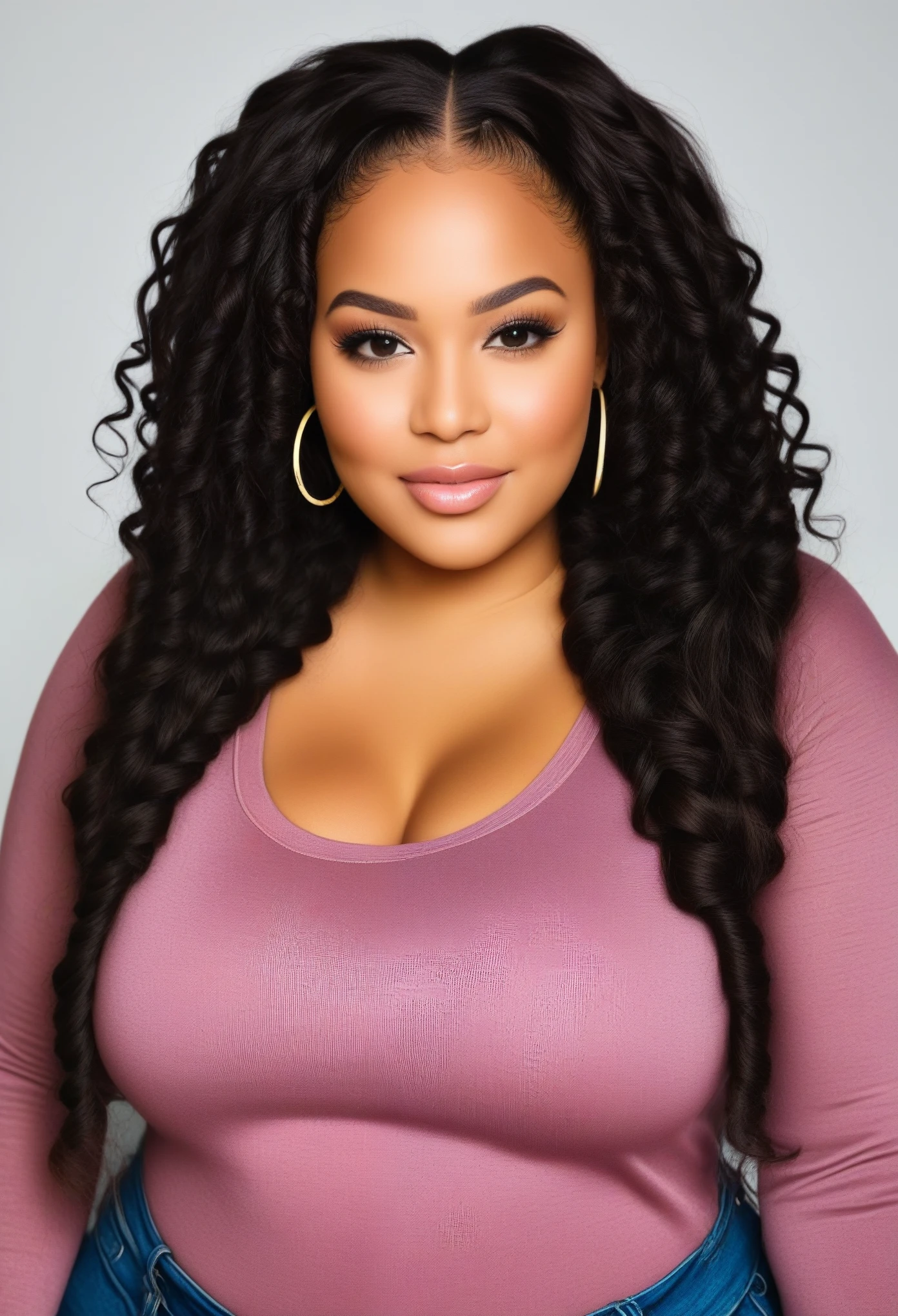 * Skin tone: Rich, deep brown skin with a warm undertone.
* Hair: Thick, voluminous hair with a variety of styles like braids, twists, bantu knots, or a curly afro.
* Body type: Curvy with a full figure that emphasizes her hourglass shape.
* Facial features: Strong jawline, high cheekbones, full lips, and a bright smile.
* Style: Confident and fashionable, showcasing a variety of clothing styles that flatter her figure.