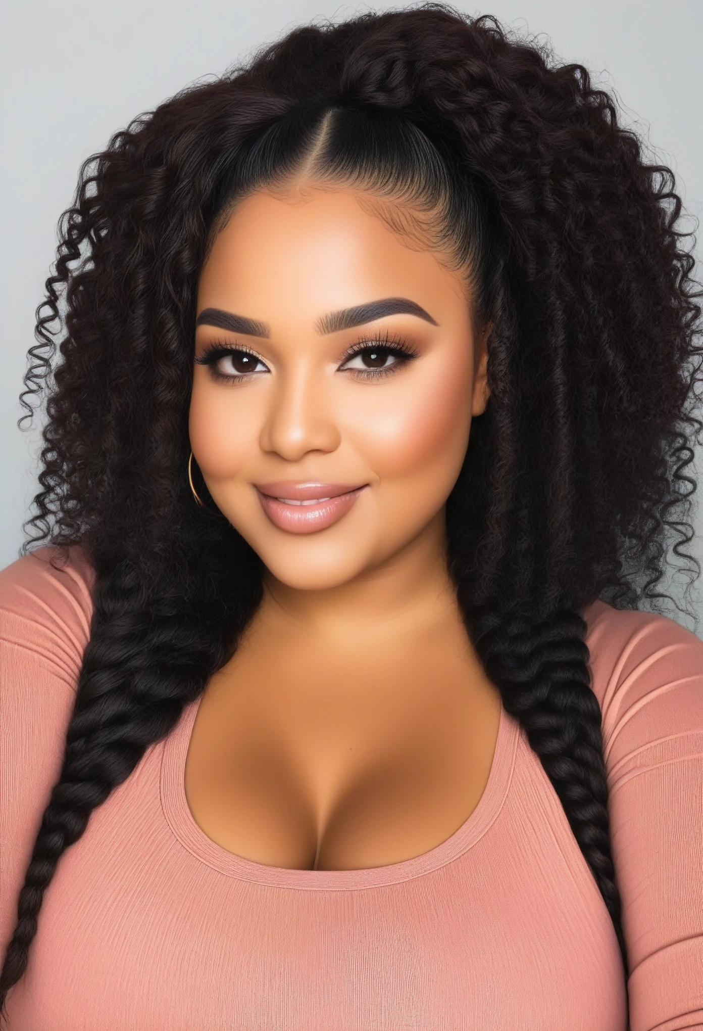 
 * Skin tone: Rich, deep brown skin with a warm undertone.
 * Hair:  Thick, voluminous hair with a variety of styles like braids, twists, bantu knots, or a curly afro.
 * Body type: Curvy with a full figure that emphasizes her hourglass shape.
 * Facial features: Strong jawline, high cheekbones, full lips, and a bright smile.
 * Style: Confident and fashionable, showcasing a variety of clothing styles that flatter her figure.
