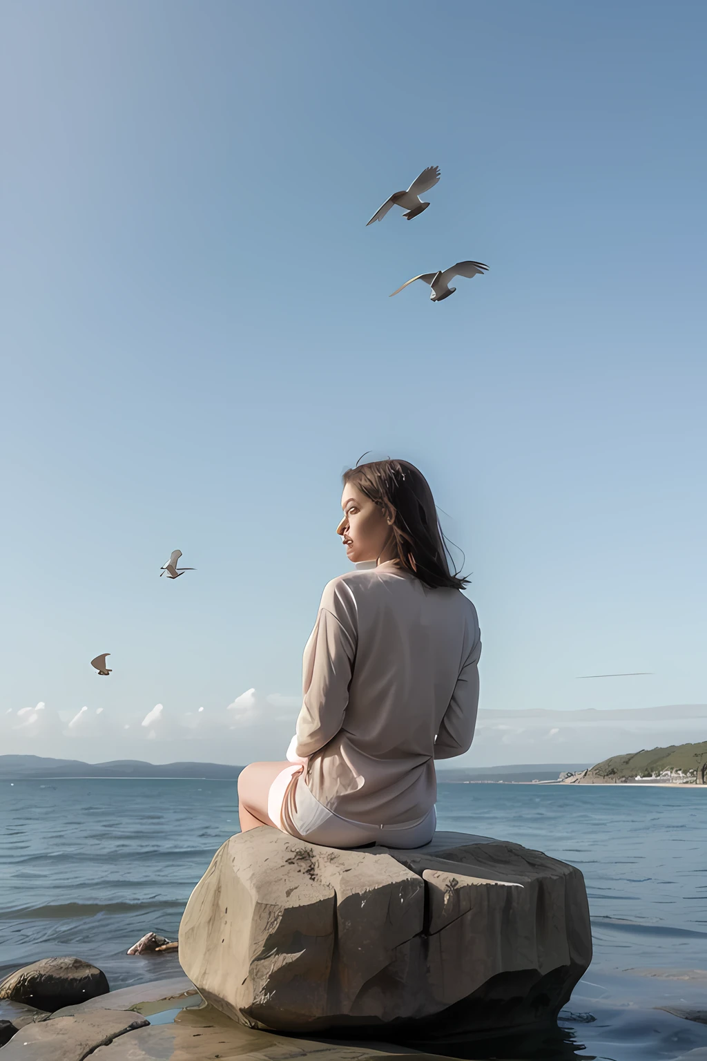 Cartoon a sit on a rock and looks the sea next her, there are too doves above the water