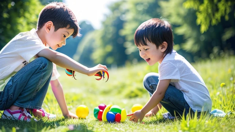Children playing with beautiful rainbow stag beetles in the grassland、Children playing with colorful rainbow stag beetles in the forest、
