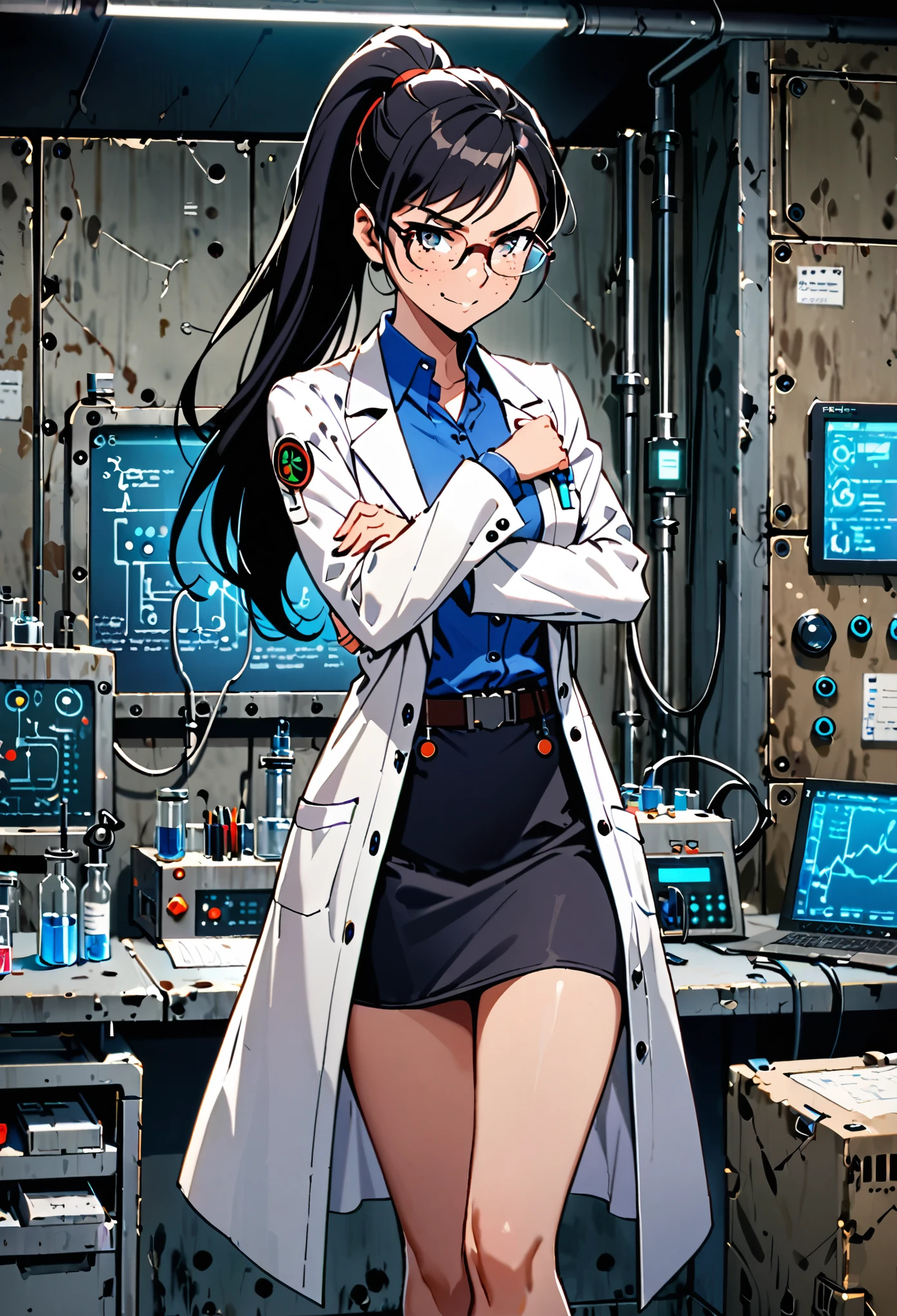 masterpiece, best quality, 1girl, solo, tall body, scientist, mad scientist, (white lab coat), pencil skirt, shoes, (dress shirt, blue shirt), glasses, black hair, ponytail, long hair, hazel eyes, freckles, scheming pose, professional, laboratory backdrop, cowboy shot, bunker, evil grin, full body costume design