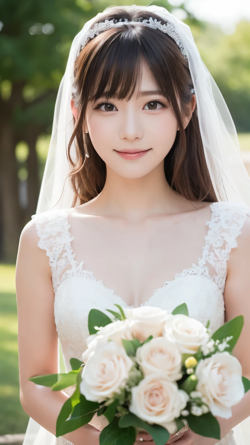 21 years old, Beautiful woman, Natural light, Wedding dress, Upper Body, Front view, bride, (highest quality, 8k, masterpiece), White flower, Delicate lace, bouquet, With bangs, A shy smile, (Embarrassing), looking at the camera, light makeup, Thin eyebrows, Natural Makeup, (light makeup), Thin eyebrows, Ultra-high resolution, Glowing Skin, (Light on the cheeks), Closed lips, (Pale pink), Petals fluttering , viewer's perspective , wedding ceremony , View here