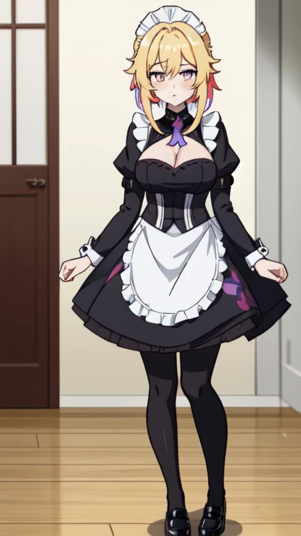 lumine \(genshin impact\), adult, tall, long messy hair, cute sulk expression, big breasts, maid uniform, cleavage, Black denier 20 tights, leather shoes, colorful abstract geometrical shapes print, detailed clothes texture, BREAK, 1girl, masterpiece, standing, looking at viewer, indoors,