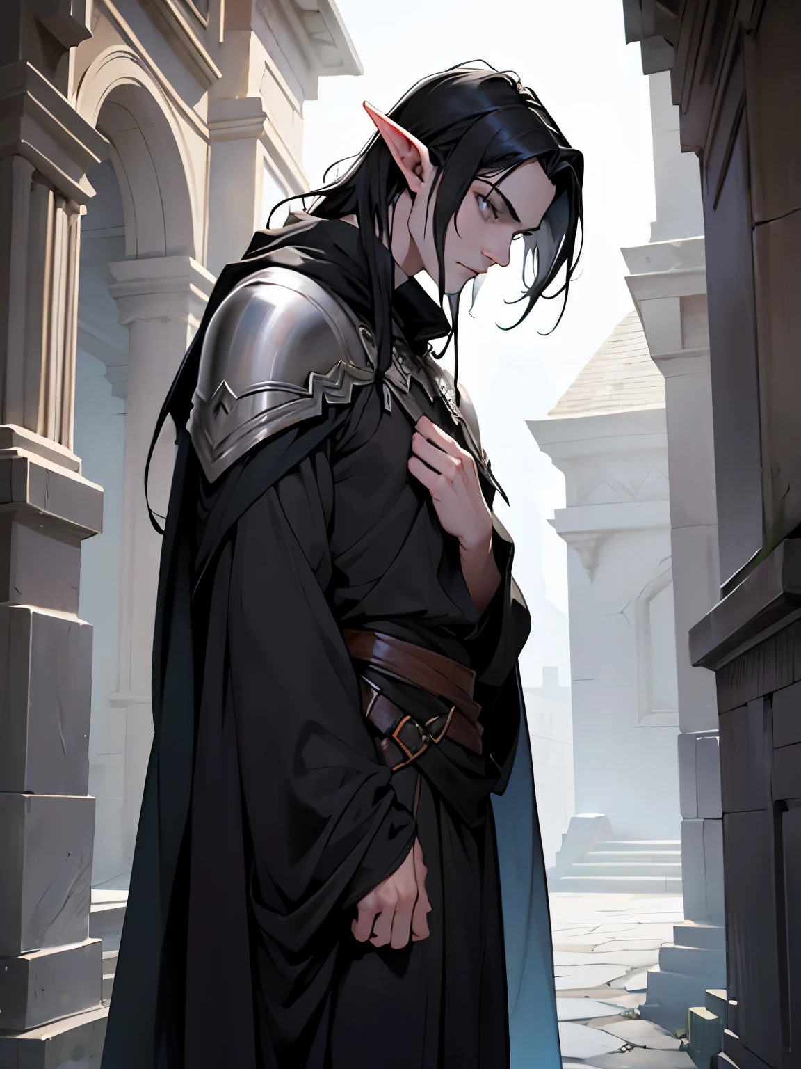 In the style of a fantasy story, a pale elf man with a thin face, slanted gray eyes, his hair reaches shoulder length in black, his clothes are just a black blanket It has a dark beauty. Black hair