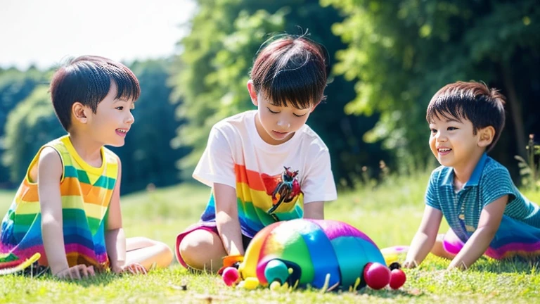 Children playing with beautiful rainbow stag beetles in the grassland、Children playing with colorful rainbow stag beetles in the forest、