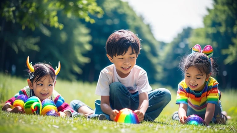 Children playing with beautiful rainbow stag beetles in the grassland、Children playing with colorful rainbow stag beetles in the forest、