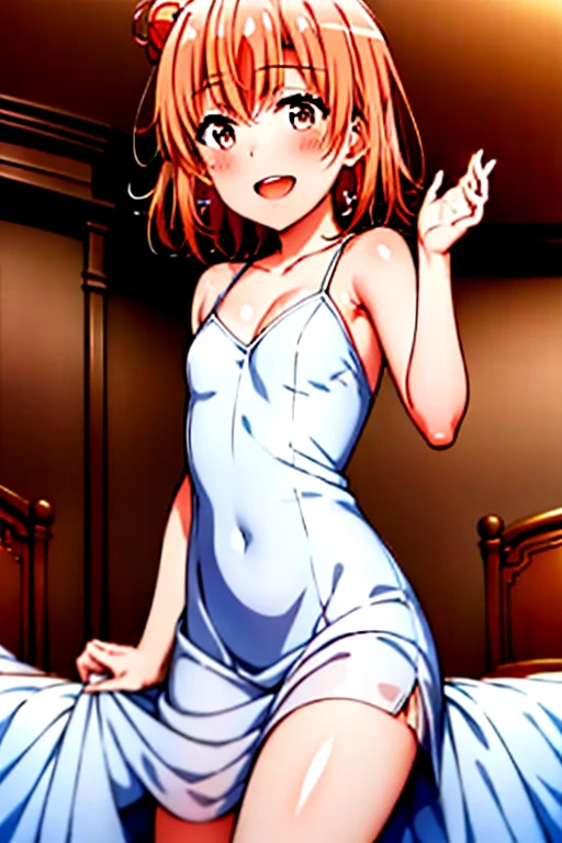 ((highest quality)), ((masterpiece)), (be familiar with), Perfect Face, indoor, Bedroom, Watching the audience,
One woman, Yuigahama Yui,
Open Mouth, Ecstatic expression, blush, smile,
Small breasts, Flat Chest, Young Girl, , , Girl,
Short Hair, Salmon-colored hair, Salmon-colored eyes, Side Pony,
Leg spread,