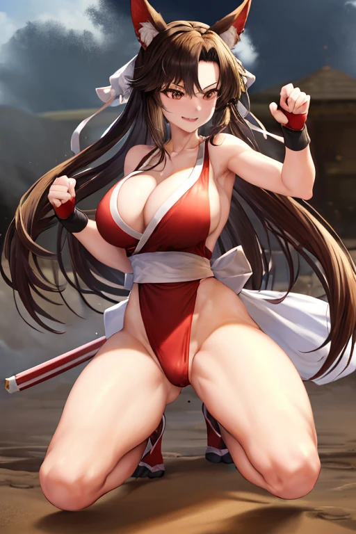 masterpiece, best quality, beautiful art, high resolution, well formed hands, body and fingers, 1 woman, solo, Imaizumi Kagerou, wolf ears and wolf tail, grown up , adult, hair ribbon,big breasted, cleavage, full body, long hair, hair ornament gorgeous legs and thighs, cosplaying as Mai Shiranui , she is fighting in a combat match at a martial arts tournament, she is getting ready to fight, making her guard pose, action and fighting scene, about to hit the viewer, looking at the viewer, sweating , feeling confident and proud, smiling joyfully and happily, charming her opponent with her beauty, bouncing breasts, fighting scene, martial arts tournament on the beach