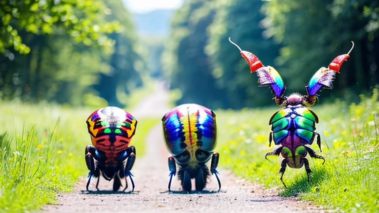 Children playing with beautiful rainbow stag beetles in the grassland、Children playing with colorful rainbow stag beetles in the forest、