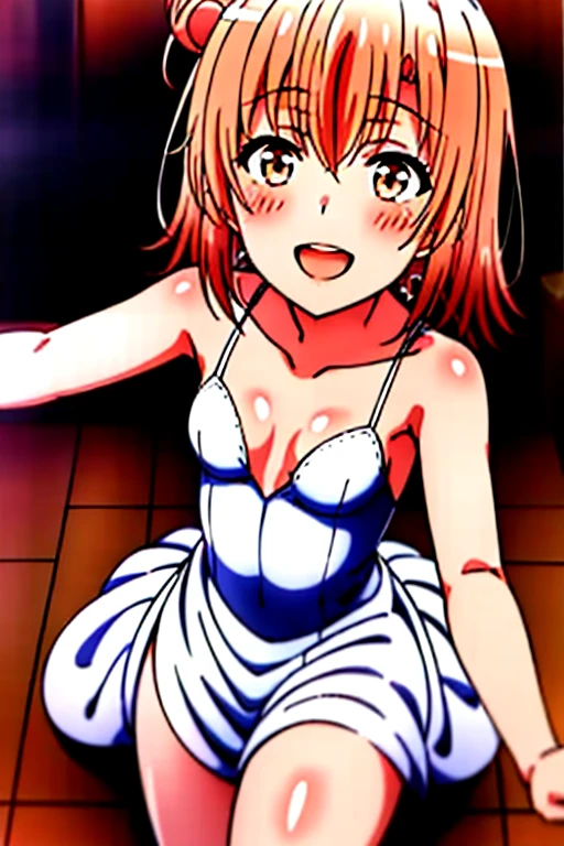 ((highest quality)), ((masterpiece)), (be familiar with), Perfect Face, indoor, Bedroom, Watching the audience,
One woman, Yuigahama Yui,
Open Mouth, Ecstatic expression, blush, smile,
Small breasts, Flat Chest, Young Girl, , , Girl,
Short Hair, Salmon-colored hair, Salmon-colored eyes, Side Pony,
Leg spread,