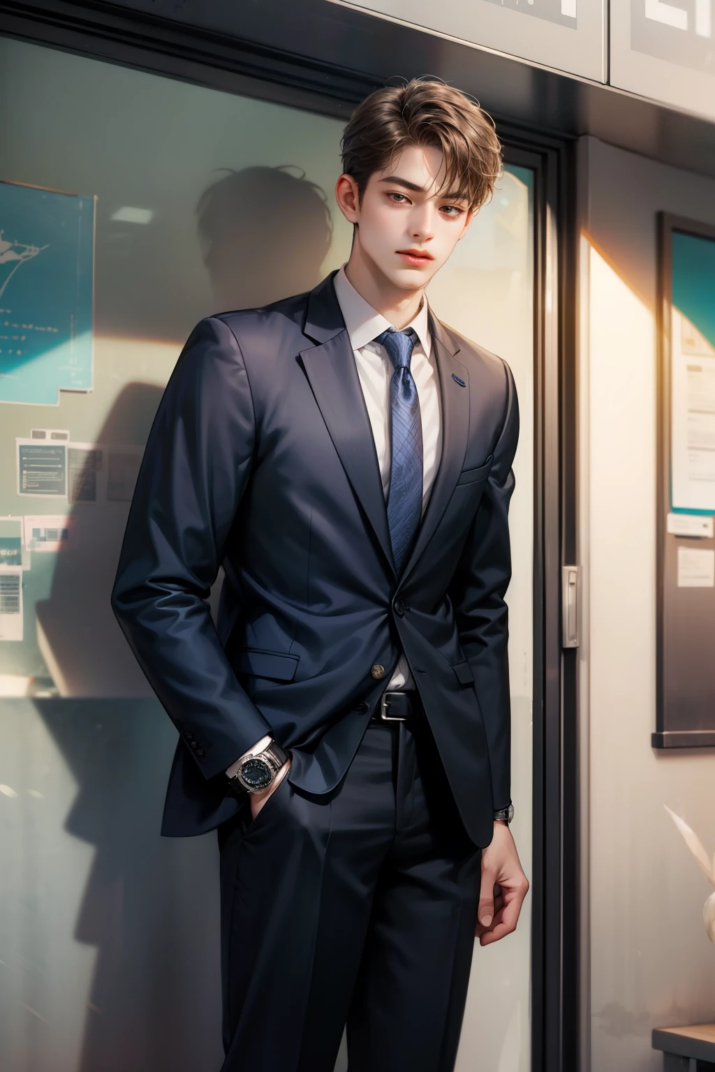 1boy, young, , long tie, standing, slim, skinny, school suit, watch, school boy