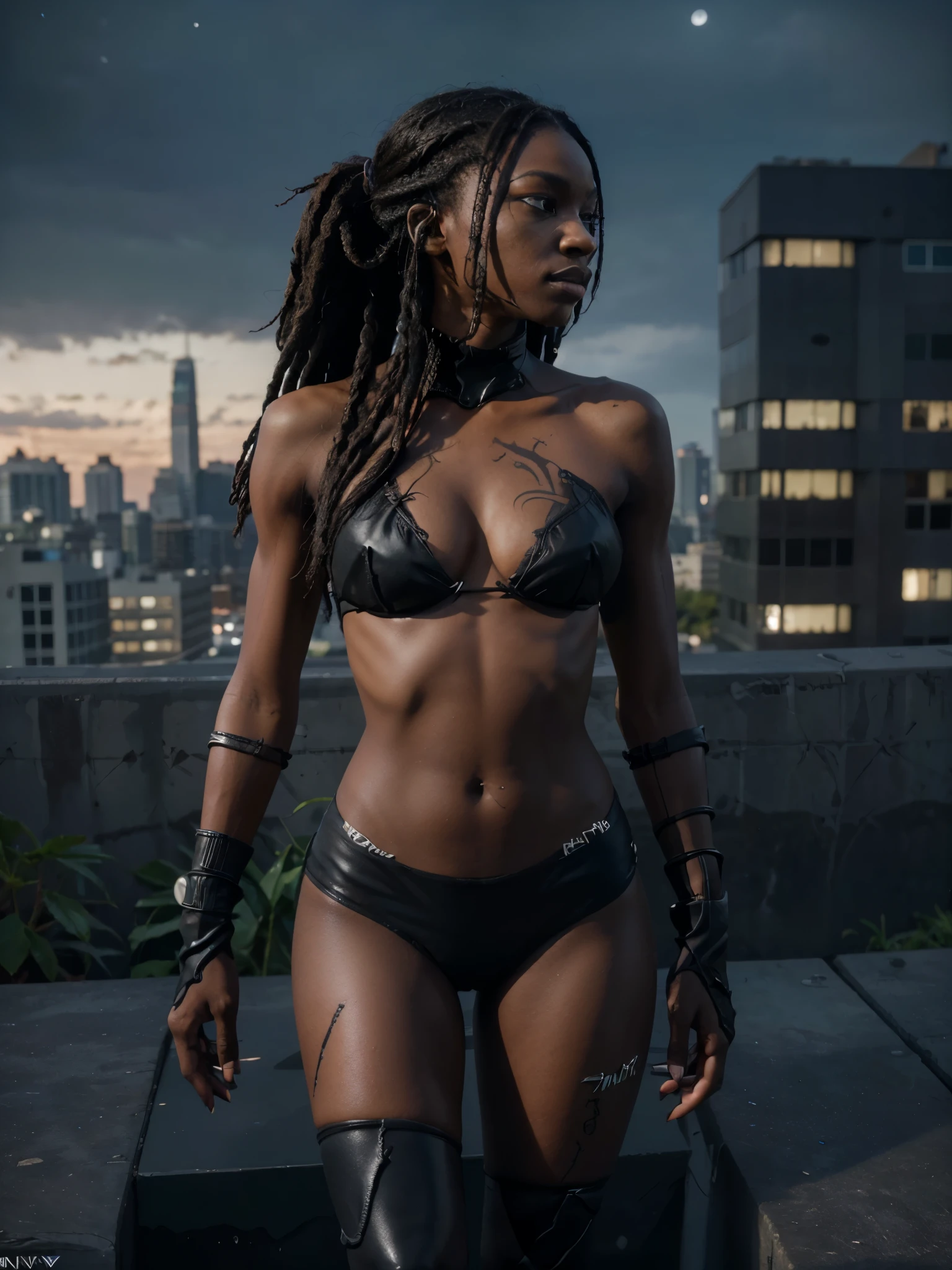 8k, RAW photo, best quality, ultra high resolution, (photorealistic), realistic photo of skinny ebony venom, (skinny ebony girl venom, 20 years old ebony girl, dark skin, slim face, black hair, dreadlocks, dreadlocks hair), in the scysctraper roof top, modern city, scyscrapers, city view, moonlight, bright moon light, (full body picture), (photo from the side), sexy pose, venom cosplay, wearing venom costume, symbiote, (venom), (symbiote), menace, looking at viewer, smirking, (extremely detailed CG unity 8k wallpaper), Sharp focus, (bright light)