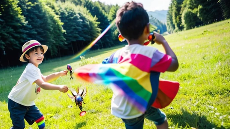 Children playing with beautiful rainbow stag beetles in the grassland、Children playing with colorful rainbow stag beetles in the forest、