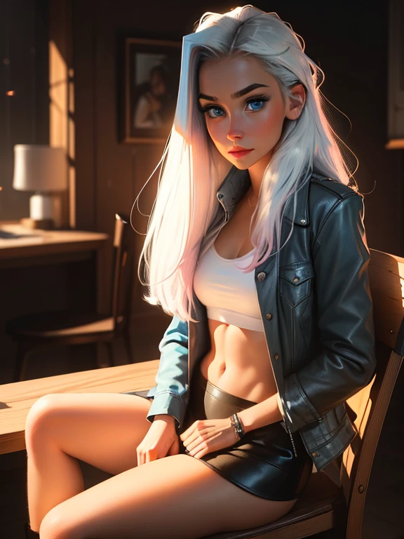 (Front Focus),(In the Dark:1.6), Hyperrealist portrait of beautiful female,extreme light blue eyes, amazing blue eyes,photographrealistic, Dynamic lighting, art stations, poster for, Volumetric lighting, extra detailed face, 4 k, tiny chest, In the Dark, deepshadow, lowkey,Cowboy Shot,(official clothing:1.4) ,Long hair,White hair,thin ankles,Skinny Legs,Leather skirt,Laced boots,Sit on a wooden chair,pink panty visible, panty details , pink panties visible,