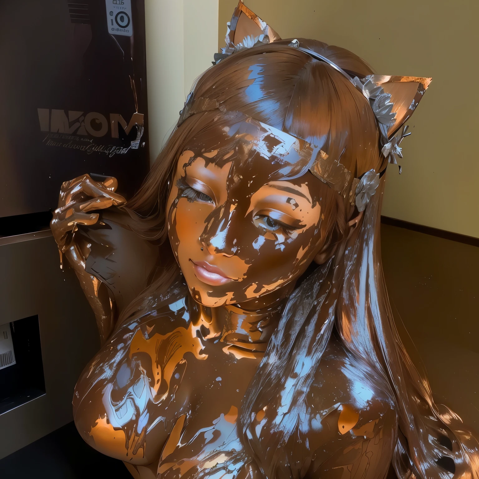 a woman with a cat's headband in copper hair, oil, chocolate art, of the perfect woman, maiden with , breasts smothered in melted chocolate
