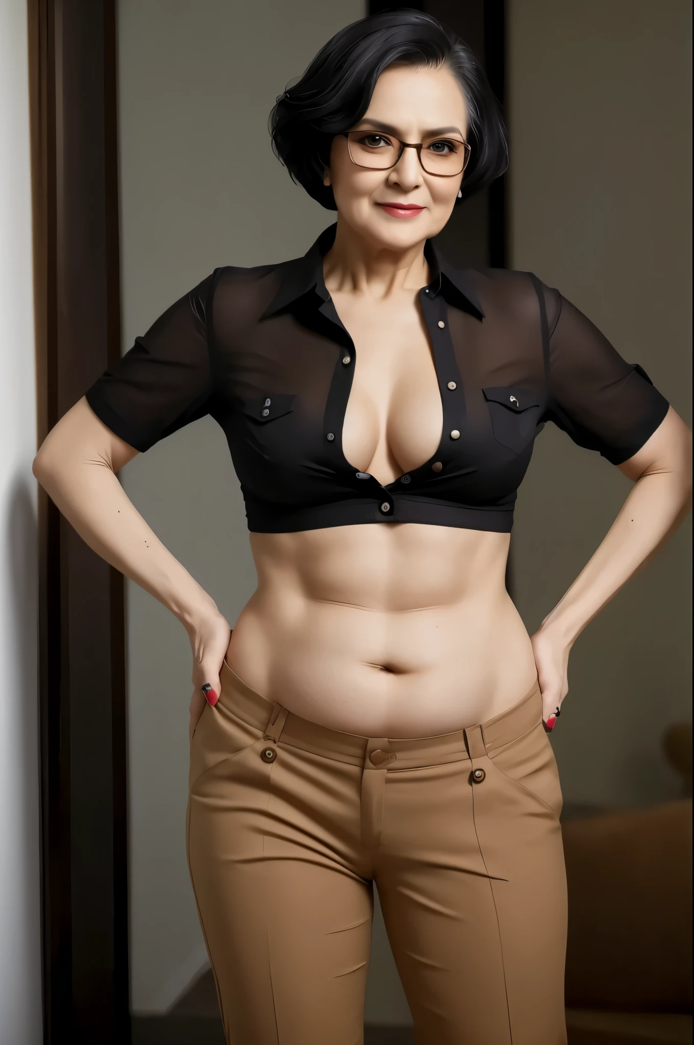 black very shaved hair elderly older mature cheeky spectacled bossy lady in a shirt with white-ivory buttons, beige-ocher overly low-rise pants, fatty body with slightly abs, wearing a sexy cropped top with unglued V-neck, attractive feminine fleshes, 60 years old woman, close up body shot, succinct shirt, wearing a skimpy blouse, alluring fleshy model, ((best quality)), ((masterpiece)), (detailed), perfect face