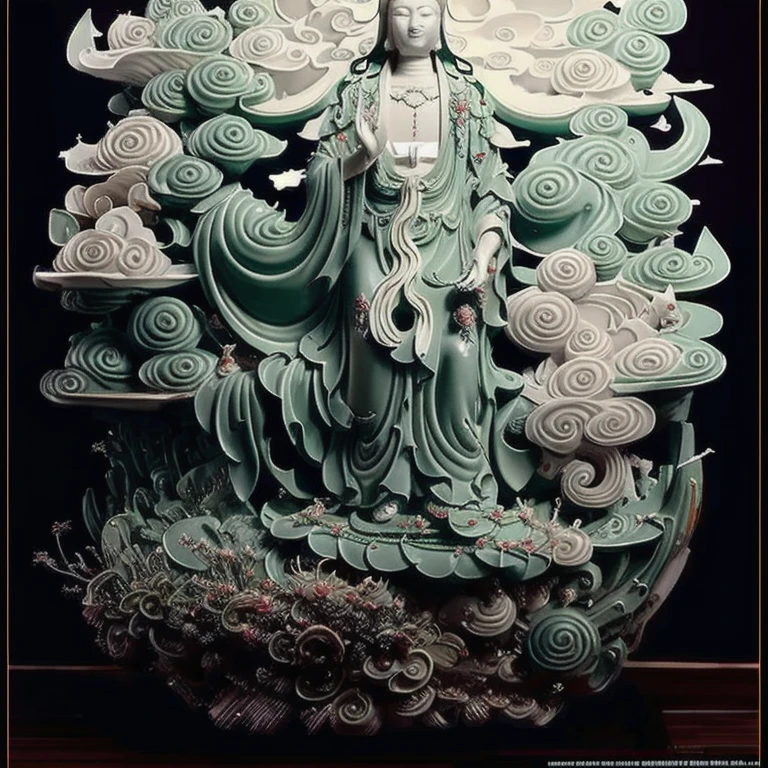  statue of thousand hands guan yin made of jade and jewelry, crystal clear and shinning, beautyfull  face, many hands, detailed hands,  floating red ruby lotus , full body, masterpieces, super detail, epic composition, ultra HD, high quality, extremely detailed, official art, unified 8k wallpaper, Super detail, 