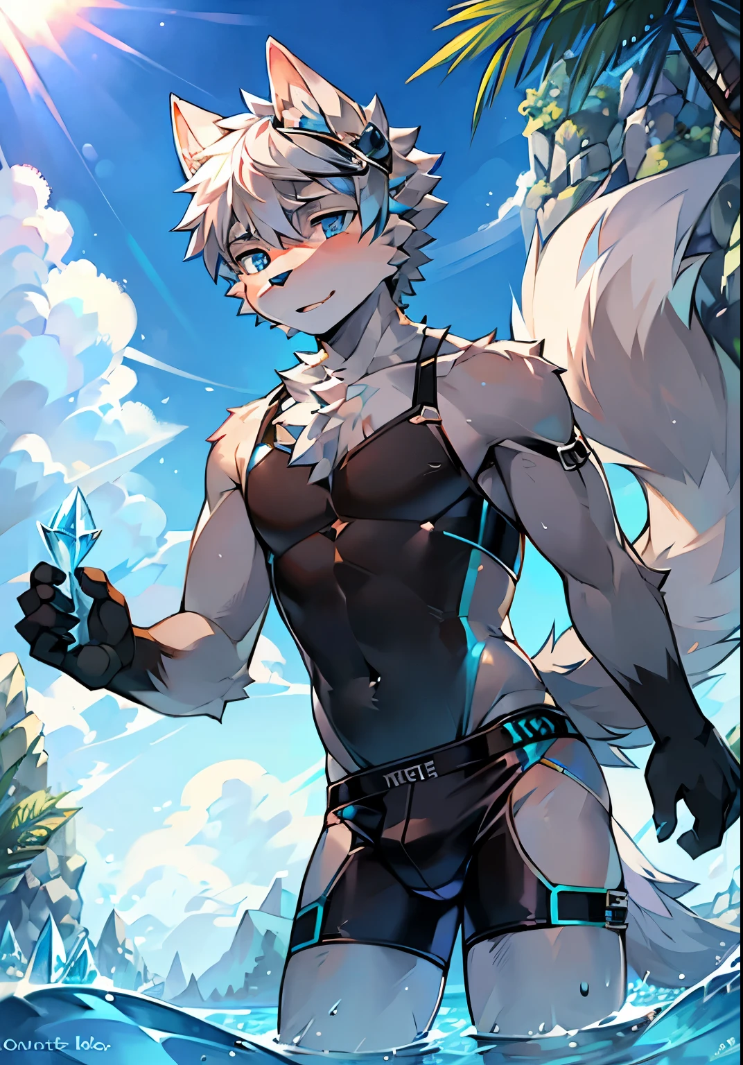 Furry,Wolf boy,White fur,crystal blue eyes,Single fluffy tail,greyt hair,short detailed hair,summer day,dive,Wear diving goggles,masculine features,bulge