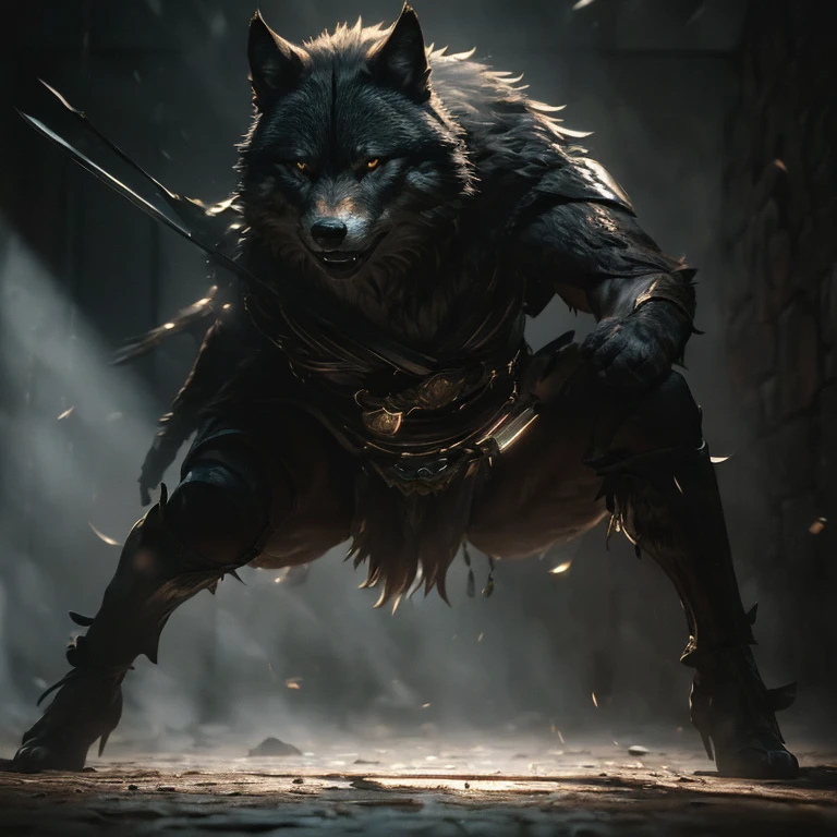 (master piece:1.5), (best quality:1.5), (exquisite lighting and shadow, highly dramatic picture, cinematic lens effect) (Photorealistic picture) (Card game image) 8k, wallpaper, dynamic pose, full body were wolf warrior, black desert background, ethereal lighting, sharp focus, highly detailed, realistic, cinematic lighting, studio quality