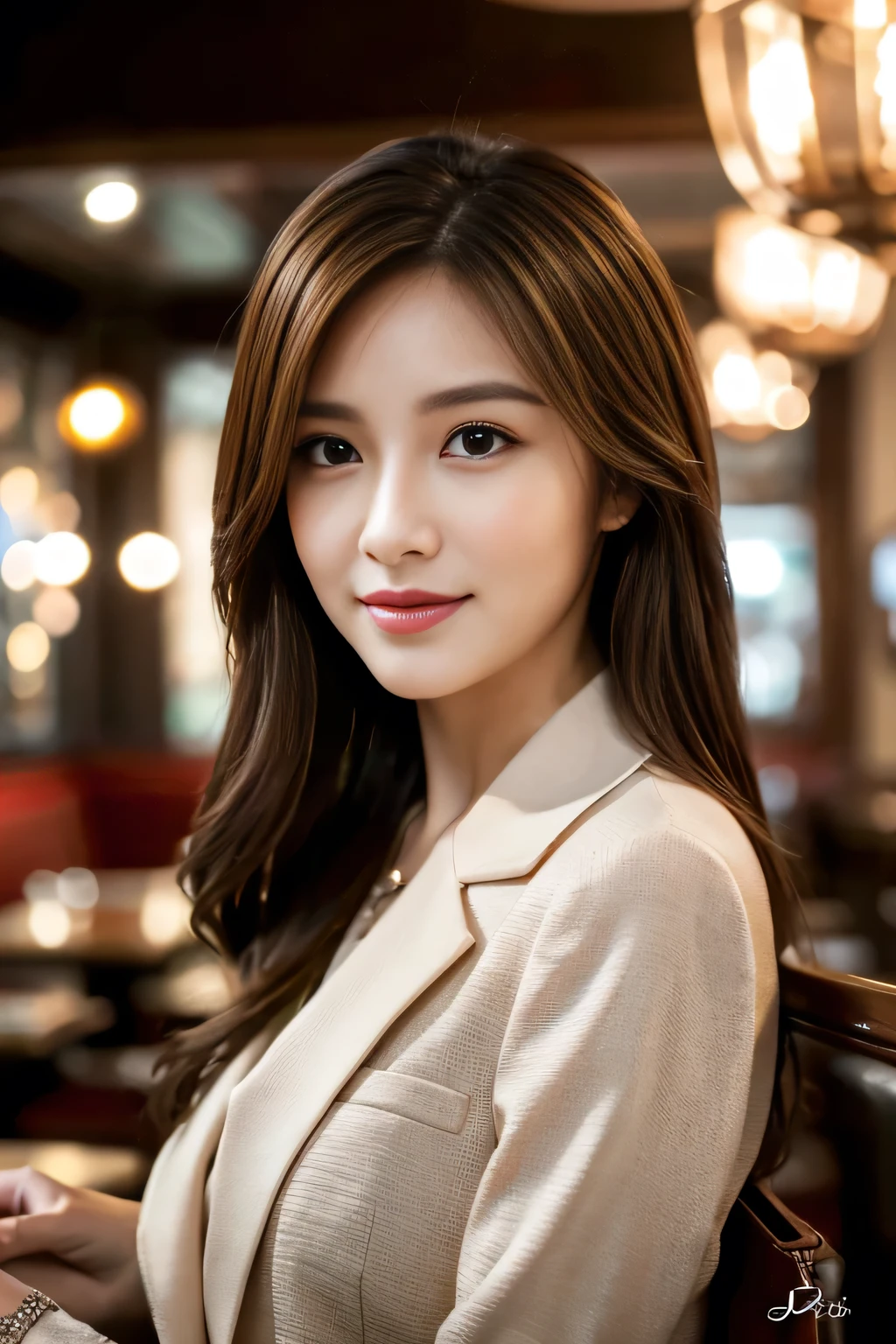 masterpiece, highest quality, Realistic, Very detailed, Finer details, High resolution, 8k wallpaper, One beautiful woman, Wear casual business attire, In a great restaurant, At night, Light brown messy hair, Perfect dynamic composition, Beautiful and beautiful eyes