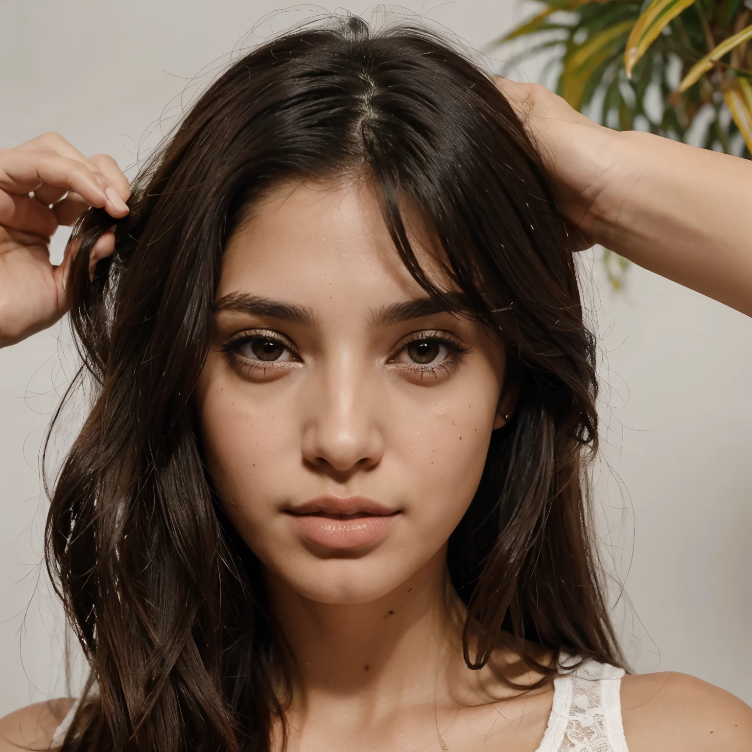 Mujer morena pelo largo ojos oscuros nariz media labios gruesos