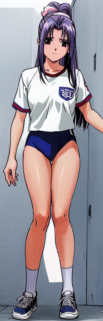 Momoko Koigakubo, a tall girl with beautiful legs, is wearing white gym clothes and light navy blue bloomers that look like panties, and is stretching by spreading her legs out to the sides and arching her upper body backwards.。