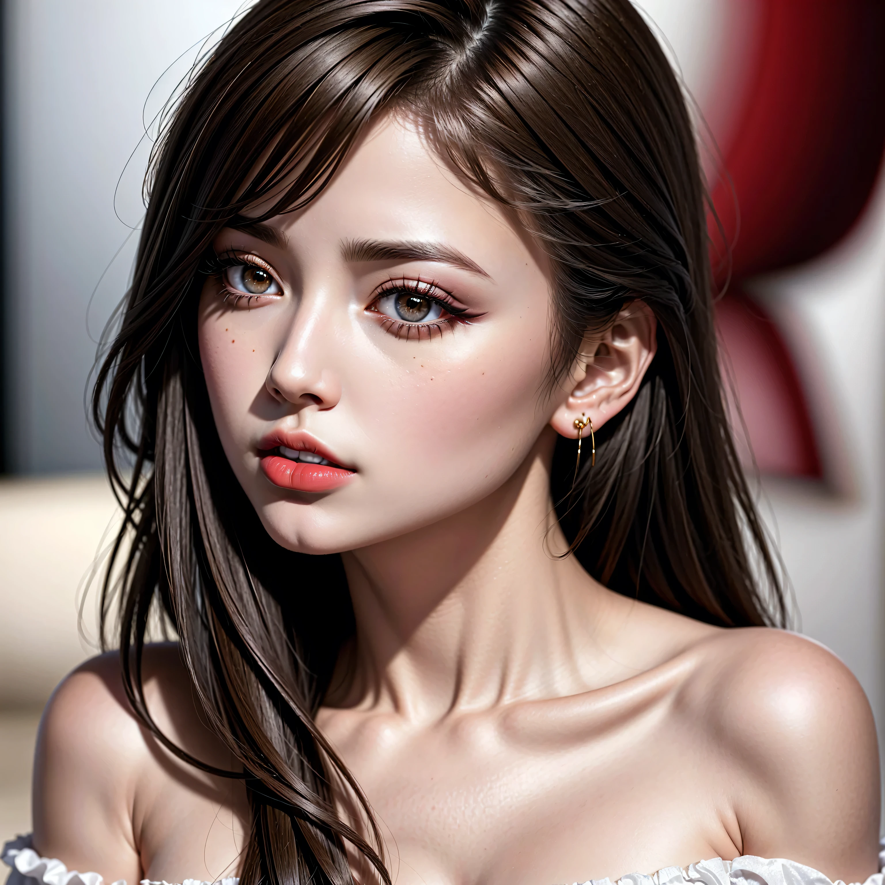 (1girl:1.4),(highest quality:1.4),(Hyper-realistic),(Hyperrealism),((photorealistic)),((sharp focus)),((highest resolution)),((the most absurd quality1.4)),(masterpiece), Beautiful brunette model (Perfect Anatomy:1.37), with (brown_eyes), super realistic eyes, perfect eyes, perfect lips, blue_eyeliner, (perfect dark_eyeshadows), vibrant eyes, (high detailed realistic face),(high detailed eyes), (tired and sleepy and satisfied:0.0), (eye with a digital rendering), perfect round eyes,finely detailed pupils, Detailed nose, Velvety skin, Looks mesmerising. red_lipstick on her lips, ((shot above the shoulders:1.4))