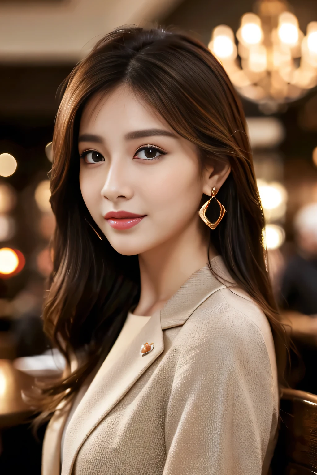 masterpiece, highest quality, Realistic, Very detailed, Finer details, High resolution, 8k wallpaper, One beautiful woman, Wear casual business attire, In a great restaurant, At night, Light brown messy hair, Perfect dynamic composition, Beautiful and beautiful eyes、Big earrings