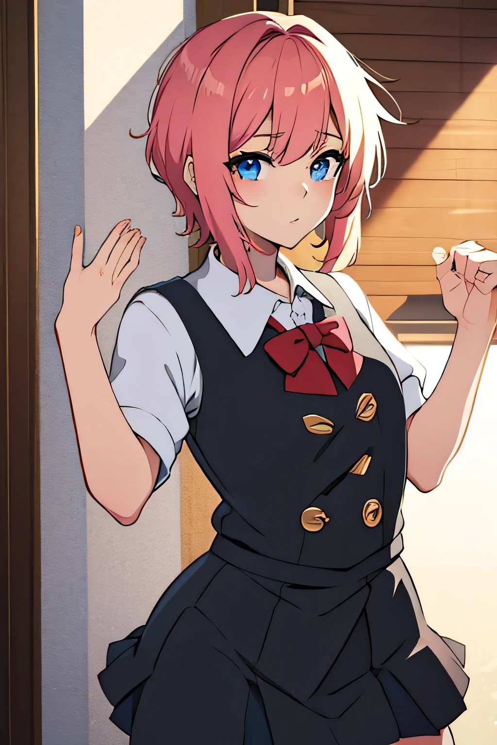 there is a cartoon picture of feminine boy with short pink hair, anime moe artstyle, 1 7 - year - old anime, in an anime style, femboy, flat anime style, cute, crossdresser, lewd body, curvy, school girl outfit, doing a sexy pose