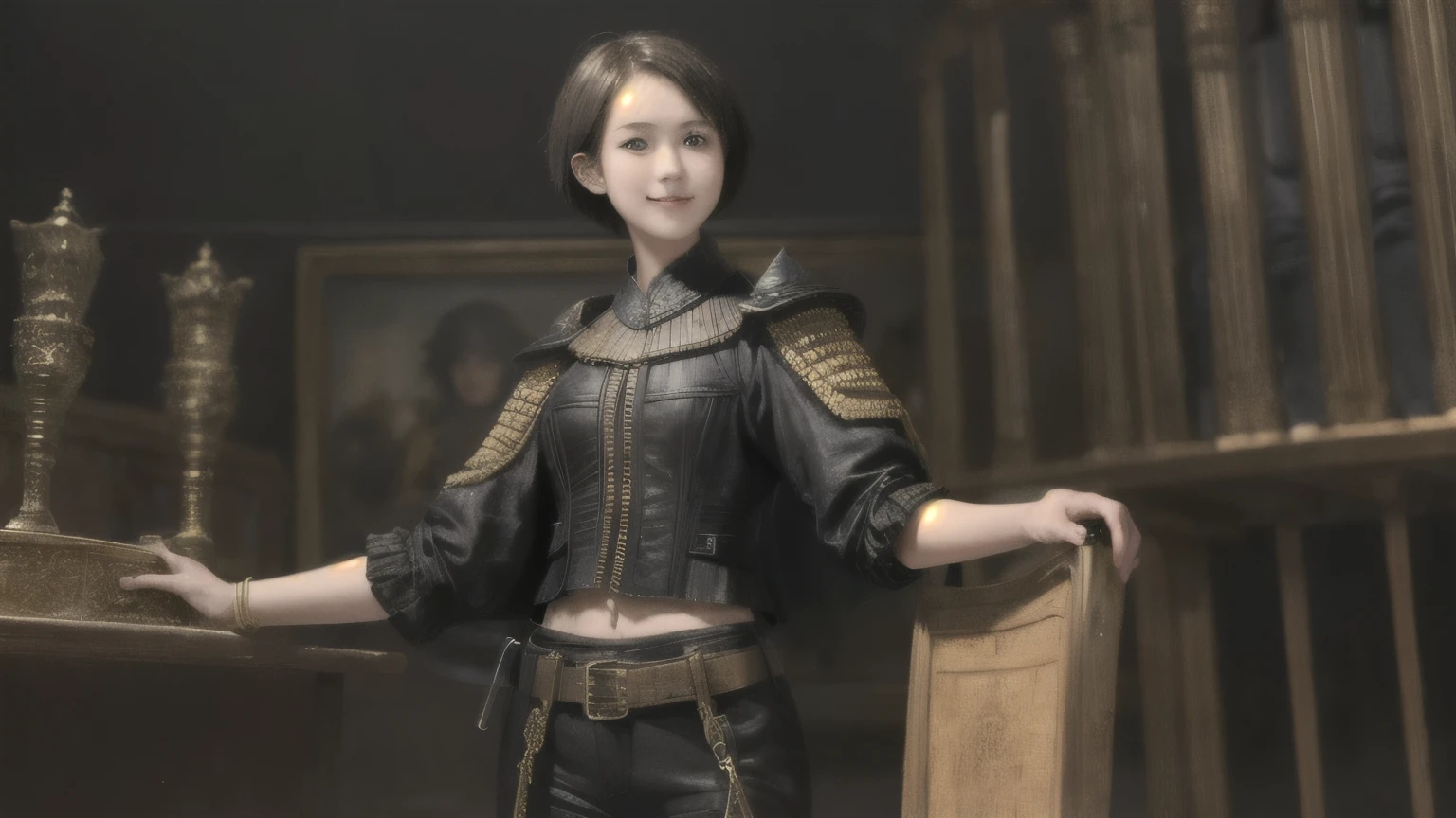 222 Short Hair, 20-year-old woman, A kind smile, (Luxurious stables), (Rembrandt-style painting), (machinery suit, Clothes that show abs、Clothes with short sleeves)