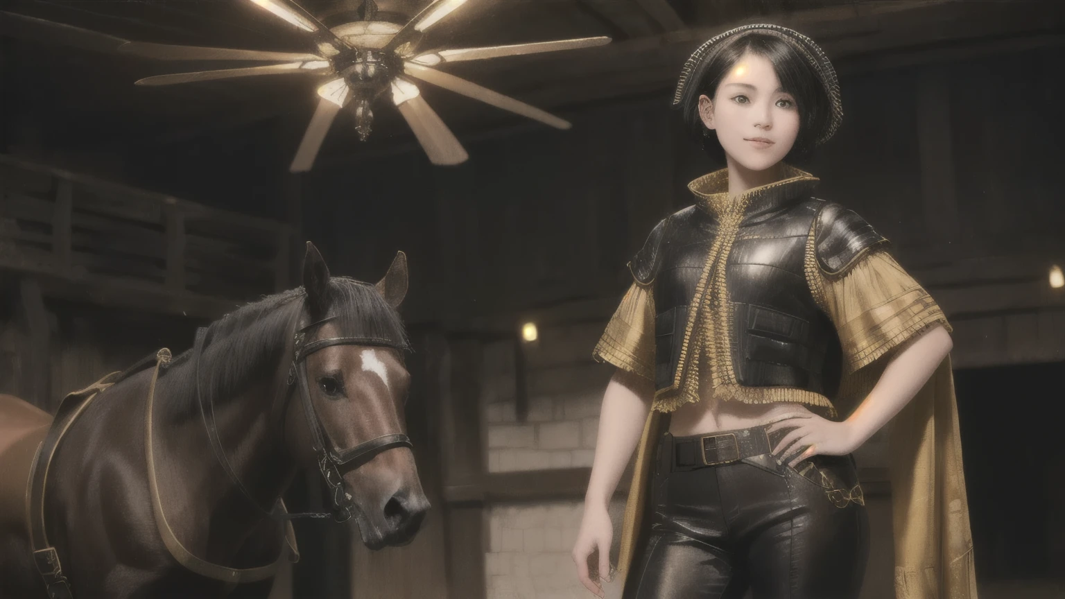 222 Short Hair, 20-year-old woman, A kind smile, (Luxurious stables), (Rembrandt-style painting), (machinery suit, Clothes that show abs、Clothes with short sleeves)