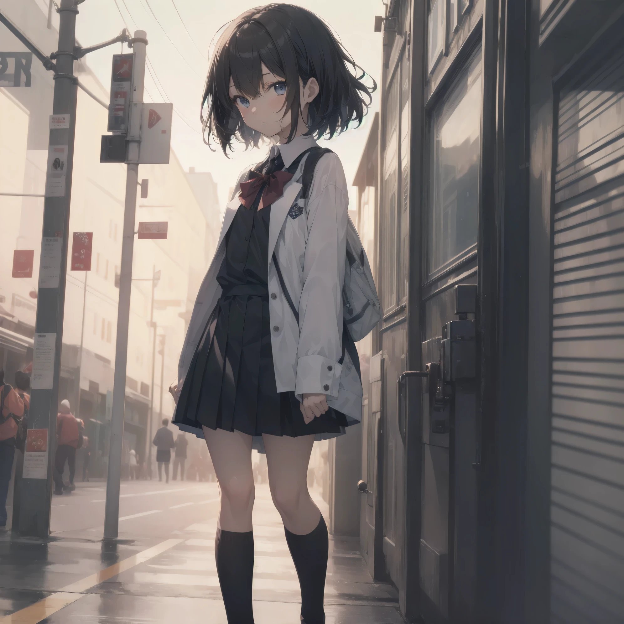 ultra-absurdres-Top quality by artist God, ultra-detailed, high resolution, anime moe artstyle, best anime 8k konachan wallpaper, pixiv contest winner, pool:2810, perfect anatomy,break, 1girl, (Please draw a girl walking sleepily to school alone. )break,(Solo,little female, 13-year-old:1.3),Full limbs, complete fingers,a junior high school student, (very short hair), short cut, flat chest, , small butt, small black eyes, beautiful detailed eyes, well-proportioned iris and pupils, expressive eyes, highres detailed hair, soft expression, school_uniform, bowtie, collared shirt. pleated skirt,(Detailed Lighting), (Detailed background), in the School commute route. break,super detailed skin, Best cinematic lighting powered by famous artist, 8k,beauty illustration,photoshop_(medium),very aesthetic,break,((artist:luicent )), artist:bolze ,artist:oyari ashito ,artist:kantoku ,
