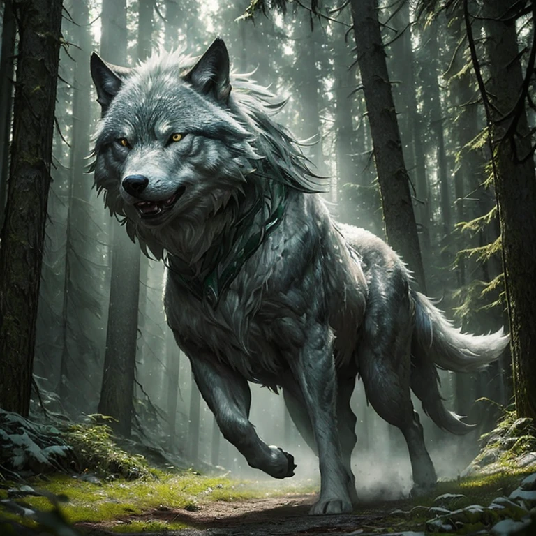 (master piece:1.5), (best quality:1.5), (exquisite lighting and shadow, highly dramatic picture, cinematic lens effect) (Photorealistic picture) (Card game image) 8k, wallpaper, dynamic pose, full body silver were wolf warrior, green forest background, ethereal lighting, sharp focus, highly detailed, realistic, cinematic lighting, studio quality
