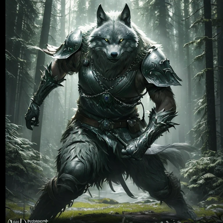 (master piece:1.5), (best quality:1.5), (exquisite lighting and shadow, highly dramatic picture, cinematic lens effect) (Photorealistic picture) (Card game image) 8k, wallpaper, dynamic pose, full body silver were wolf warrior, green forest background, ethereal lighting, sharp focus, highly detailed, realistic, cinematic lighting, studio quality
