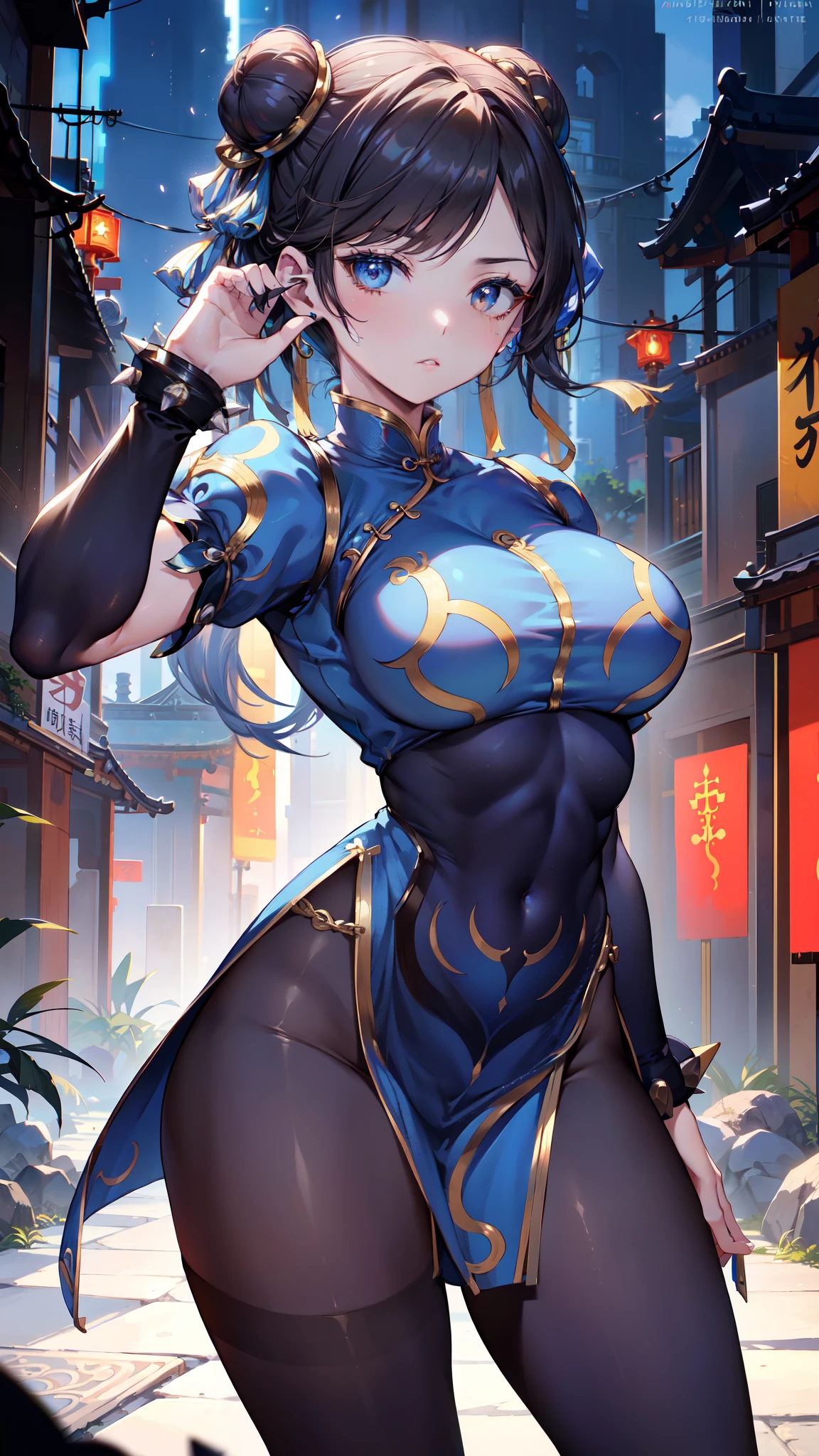 Chun Li, doble bien, (pelo negro dos trenzado) , Brown eyes,
ropa china, spiked bracelet, buena portada, pendientes ,( vestido azul chino :1.4)
de pie, parte superior del cuerpo, sonrisa, faja, (pantimedias negra nylons ),
barrio chino, police station, tomorrow,
(incredibly detailed, hermoso rostro detallado, hermosos ojos detallados, Obra maestra, mejor calidad),solo, ,(Fondo de ruinas de mazmorra en ruinas:1.4 ), (Obra maestra: 1.4), (8K, realista, foto cruda, La mejor calidad: 1.4),(Chun Li:1.4), (Chu Li V2.1), (dynamic pose), (Only),( alley background big stones Tokyo :1.4),( no mutaciones), (Detalles de la cara: 1.5, Brown eyes , hermoso rostro, ojos bonitos, Contorno del iris, labios delgados: 1.5, Thin, sharp pale eyebrows, Long, dark eyelashes, double tabs),(Iván Talavera and Artgerm Style)