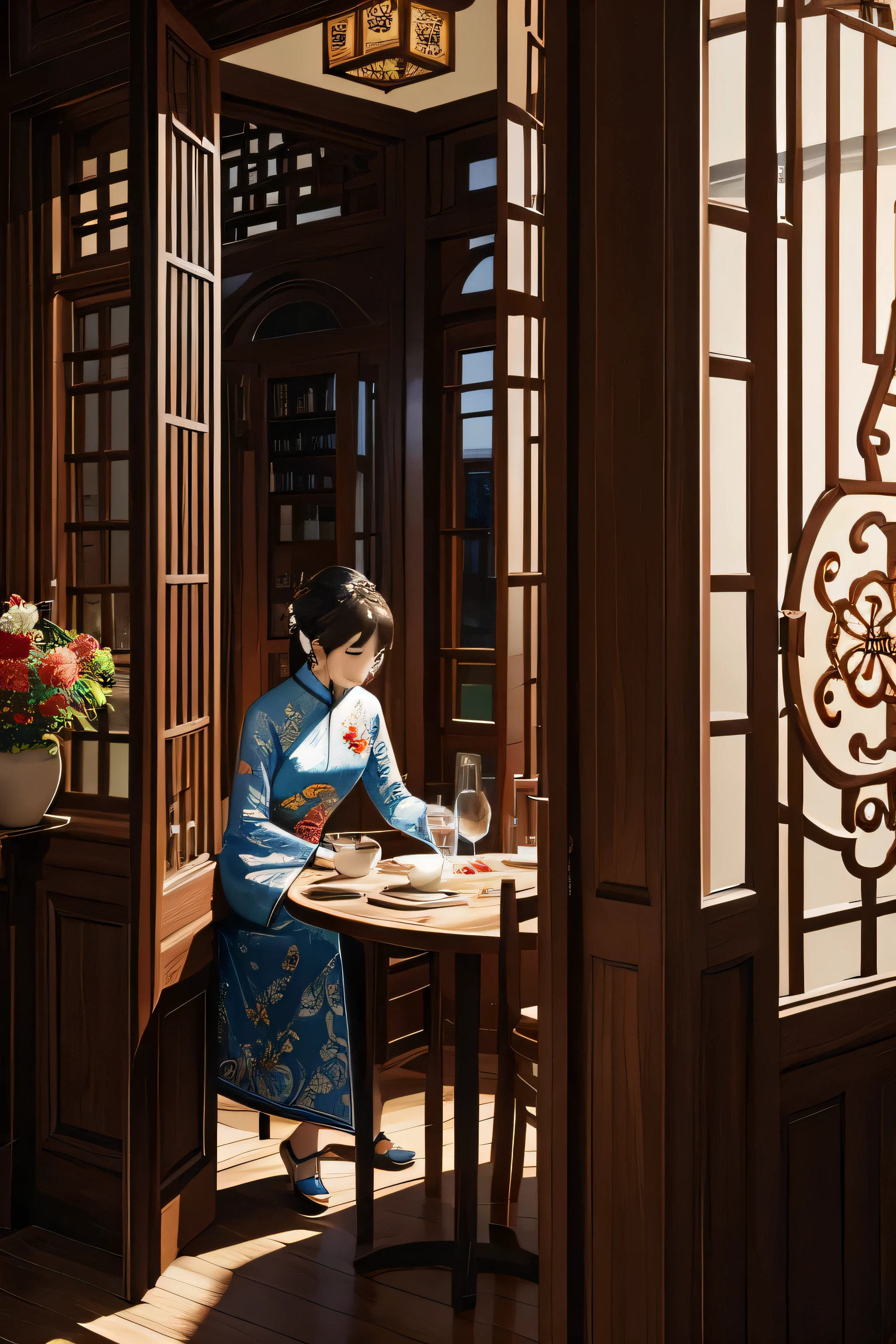 Illustration design, personajes delicados, ventanas, tables, By the chestnut, ojos grandes, cheongsam largo