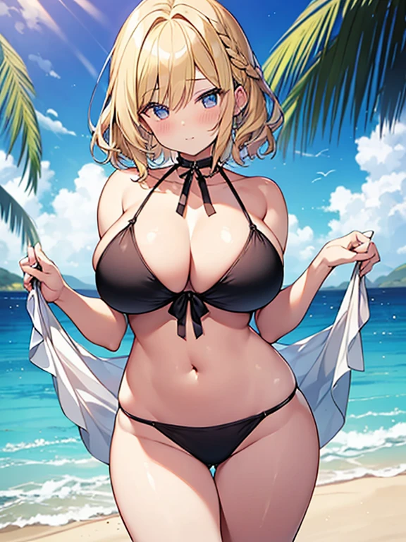 Tabletop, highest quality,figure, wallpaper, Super detailed, Absurd beauty、1 beautiful girl、(Blonde、short hair、Braided hair、Wavy Hair、Ample breasts、Very large breasts,Underbust、clavicle、Accentuate your breasts)、Swimwear、Black Bikini、Shyness、blush、Ocean、great outdoors
