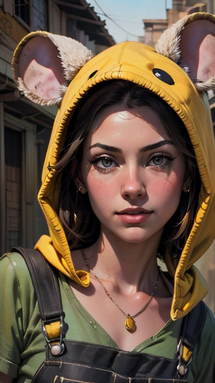 {{{highest quality}}}, {{Very detailed}}, {{Very delicate and beautiful}}, (highest quality, In 8K, 32k, )、Slums、realistic oil painting 、Girl wearing a mouse head hood、Mouse Overalls、Canned food necklace、American Urban Style