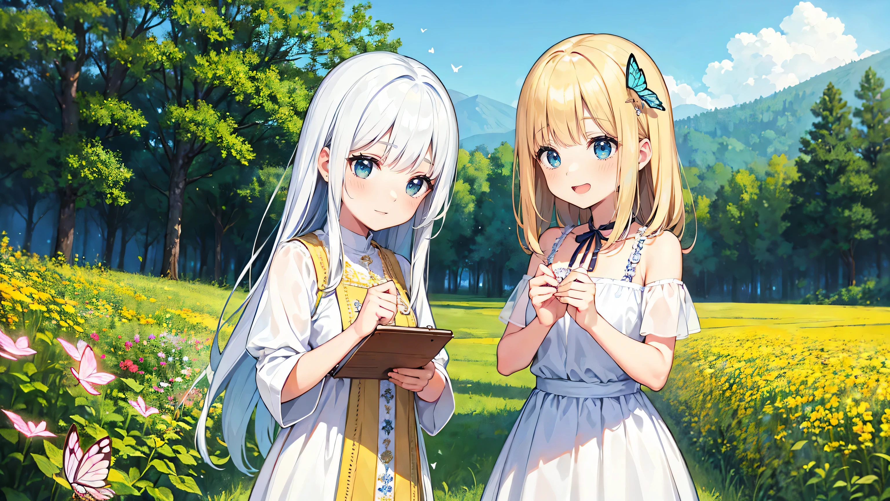 Two pure and innocent girls,、(2 people)、Cute face、smile、Beautiful Eyes、White skin、Natural Beauty、Warm sunshine、Wildflowers swaying in the wind々Surrounded by、Enjoying time in the fields。Butterflies and birds flutter around her、Creates a playful atmosphere。