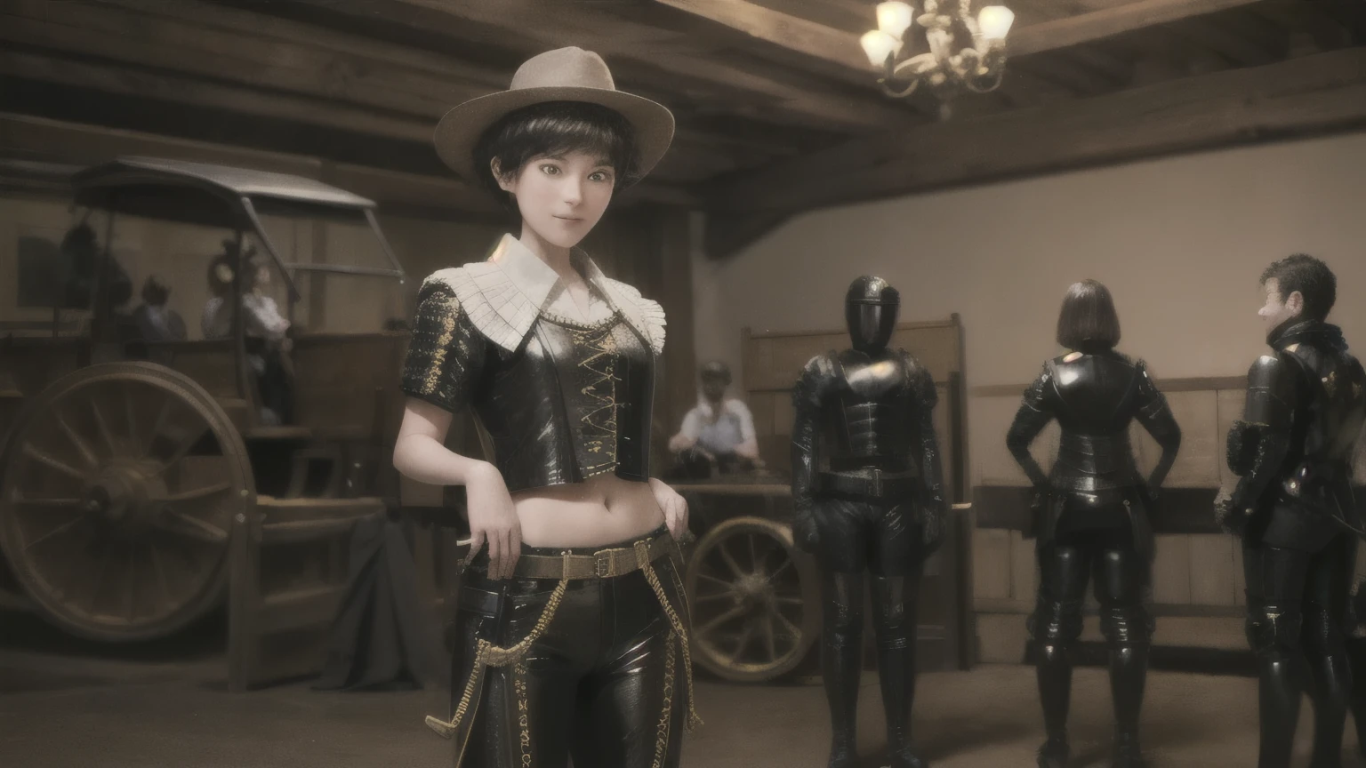 222 Short Hair, 20-year-old woman, A kind smile, (Luxurious stables), (Rembrandt-style painting), (machinery suit, Clothes that show abs、Clothes with short sleeves)