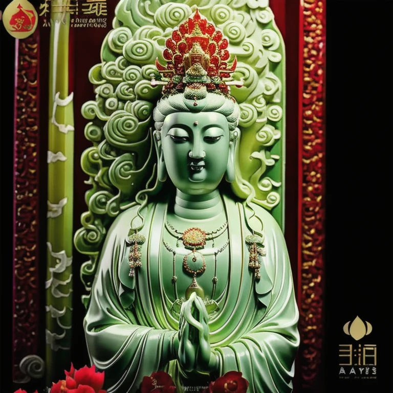  statue of thousand hands guan yin made of jade and jewelry, crystal clear and shinning, beautyfull  face, many hands, detailed hands,  floating red ruby lotus , full body, masterpieces, super detail, epic composition, ultra HD, high quality, extremely detailed, official art, unified 8k wallpaper, Super detail, 