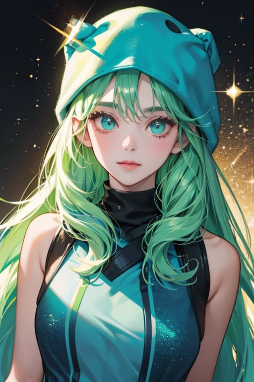 she is a light green who wears a dark blue ski mask. SPARKLE; GLITTER